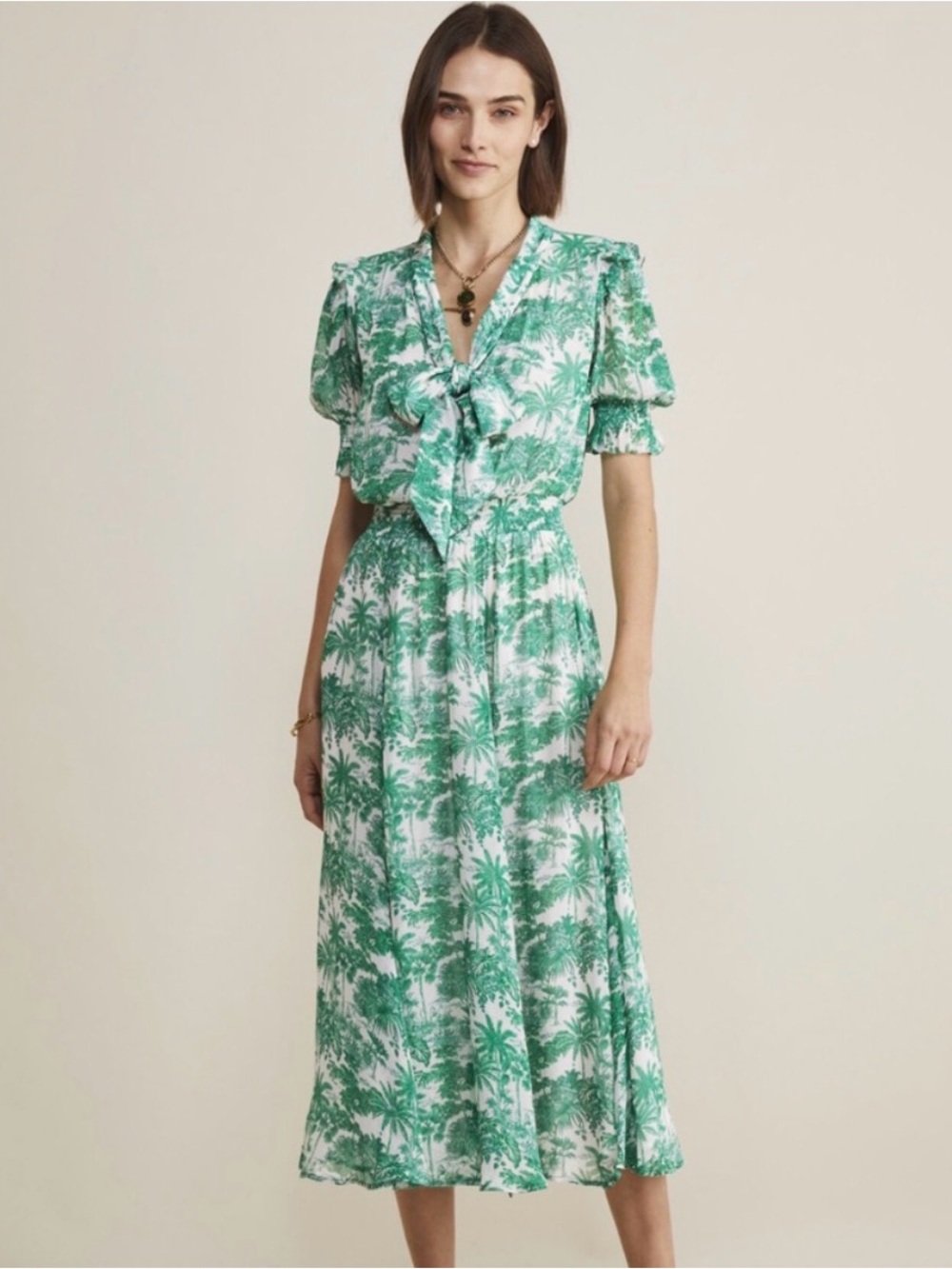 Vineyard Vines Tropical Toile Tie Neck Midi Dress